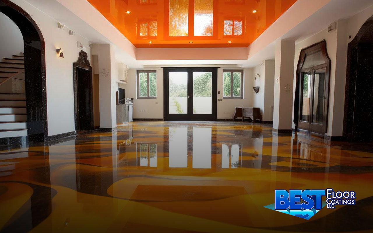 Customized epoxy floor designs showcasing various colors and patterns.