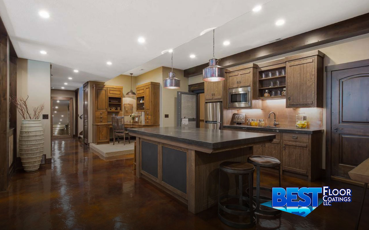 Durable epoxy floor in a stylish kitchen setting.